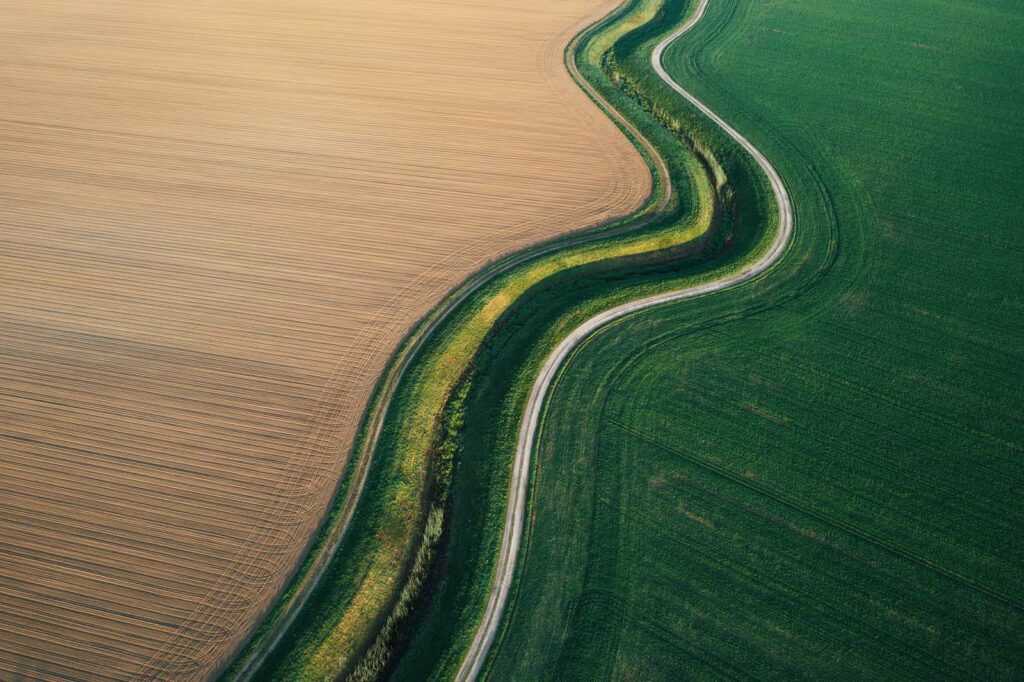 Empty trails winds through the rural area of wheat and plowed fields. Aerial view.